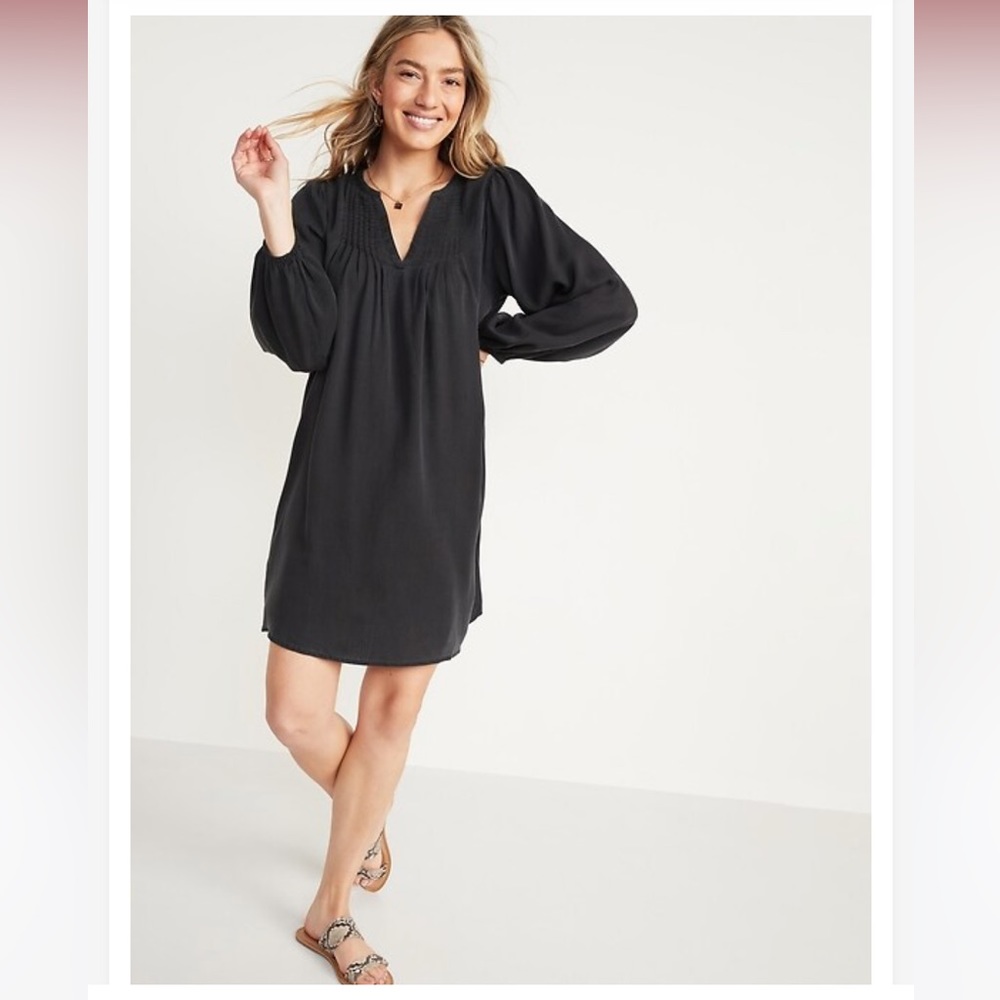 Split-Neck Black Chambray Swing Dress- Small